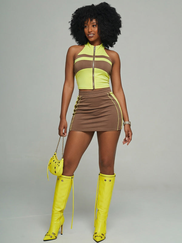 Two-Tone Zip Vest & Skirt Set