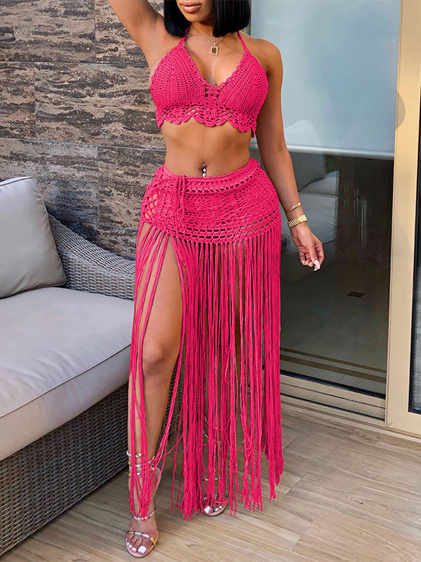 Crochet Halter Top & Fringe Skirt Set