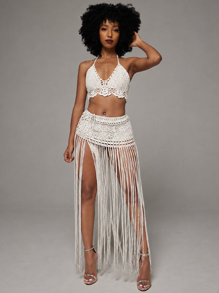 Crochet Halter Top & Fringe Skirt Set