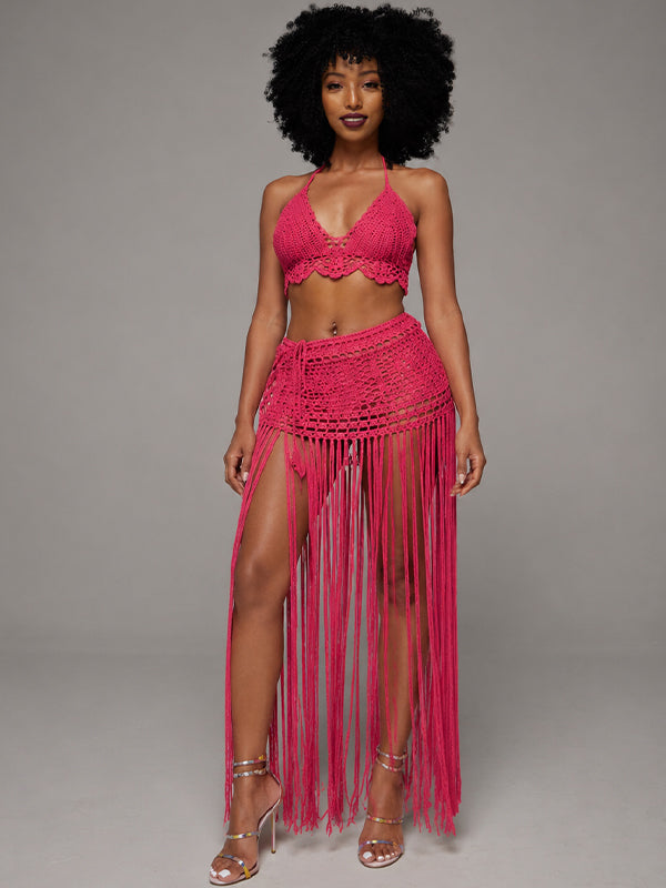 Crochet Halter Top & Fringe Skirt Set