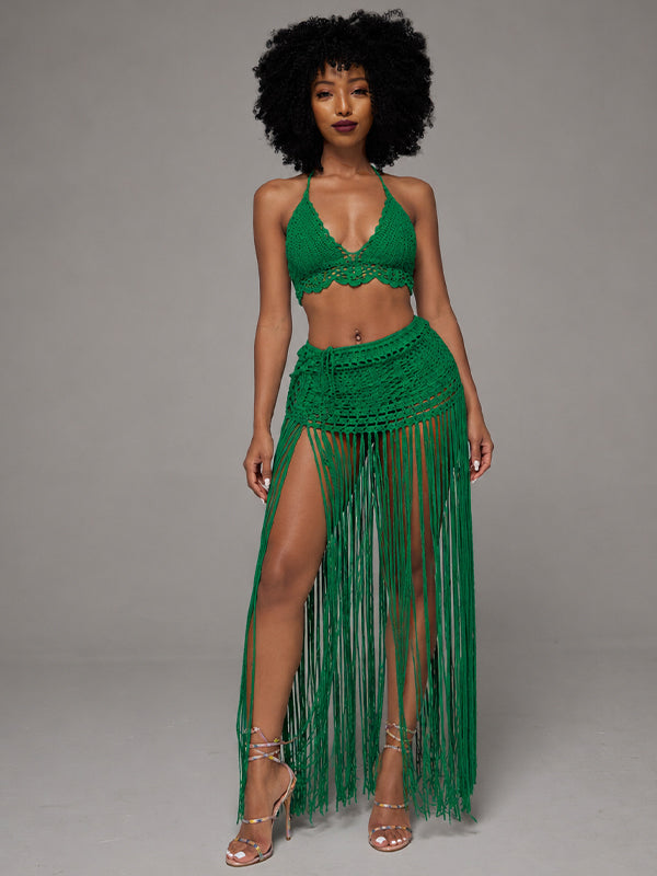 Crochet Halter Top & Fringe Skirt Set
