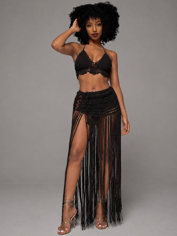 Crochet Halter Top & Fringe Skirt Set