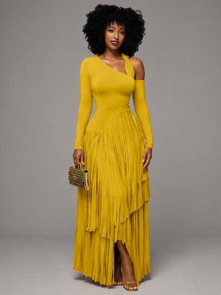 Asymmetric-Neck Fringe Dress