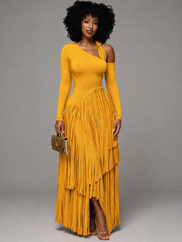 Asymmetric-Neck Fringe Dress