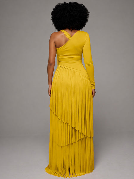 Asymmetric-Neck Fringe Dress