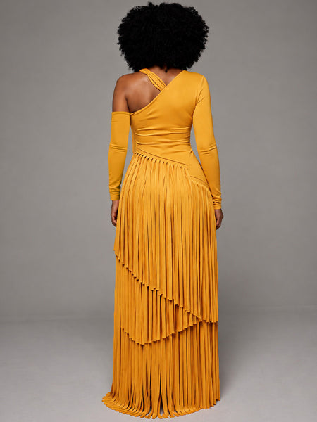 Asymmetric-Neck Fringe Dress
