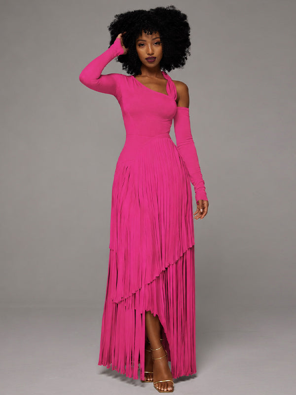 Asymmetric-Neck Fringe Dress