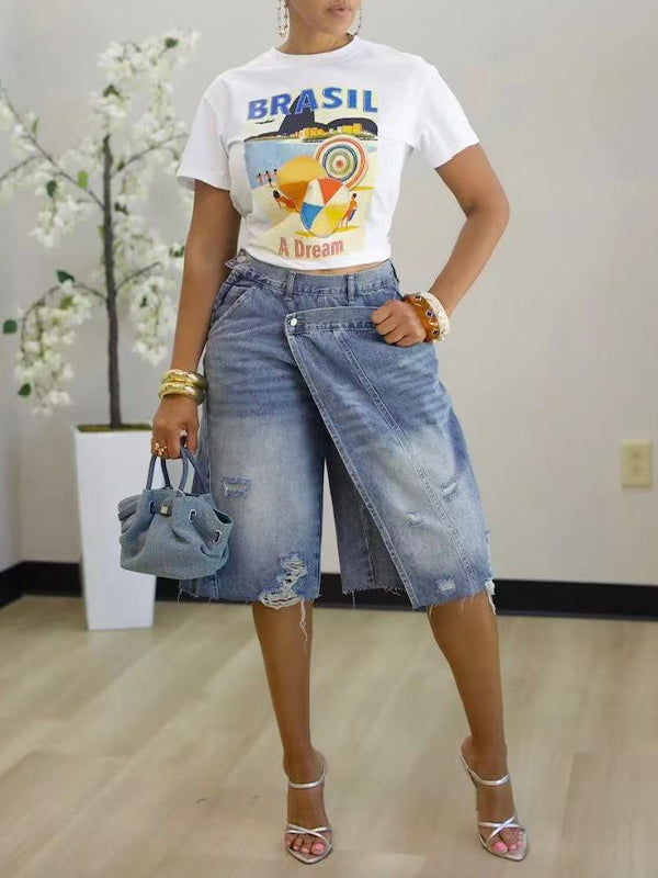 Asymmetric Bermuda Denim Shorts