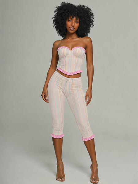 Stripe Frilled Tube Top & Capri Pants Set