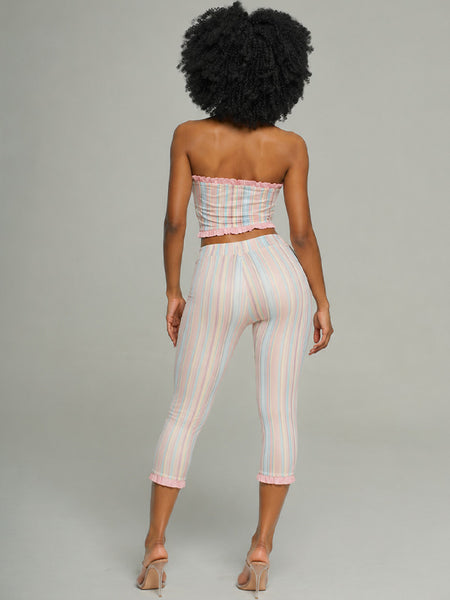 Stripe Frilled Tube Top & Capri Pants Set