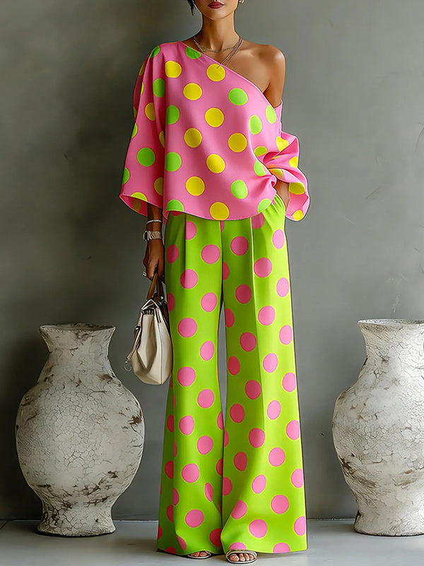 Dot Boat-Neck Top & Pants Set