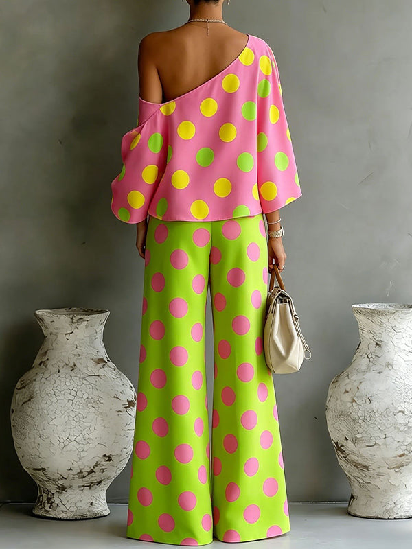 Dot Boat-Neck Top & Pants Set