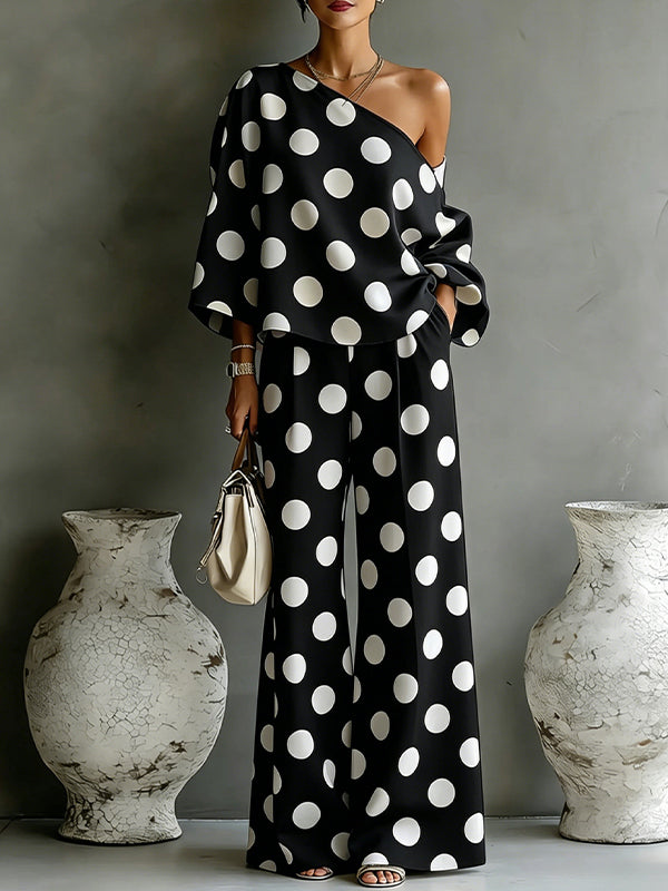 Dot Boat-Neck Top & Pants Set