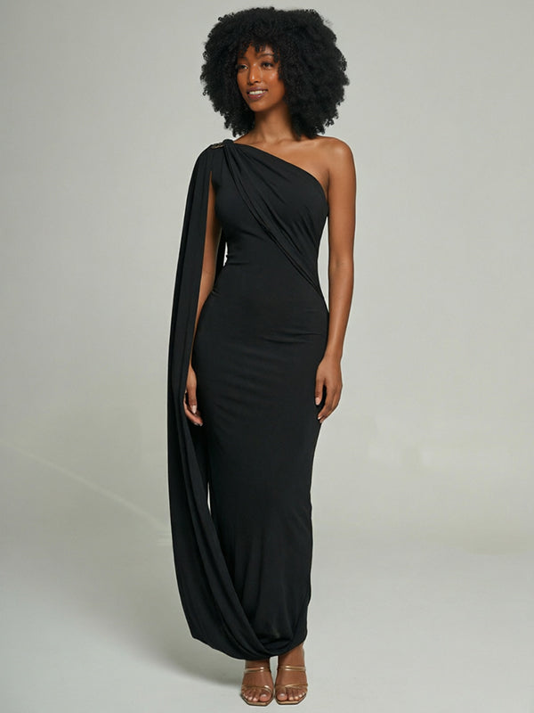 Solid Asymmetric One-Shoulder Dress