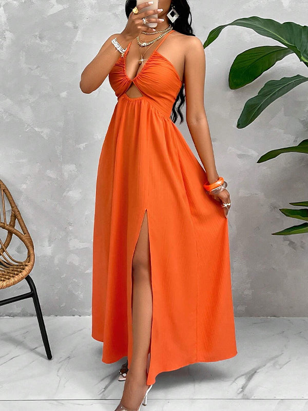 Solid Cutout Slit Halter Dress