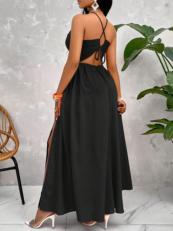 Solid Cutout Slit Halter Dress