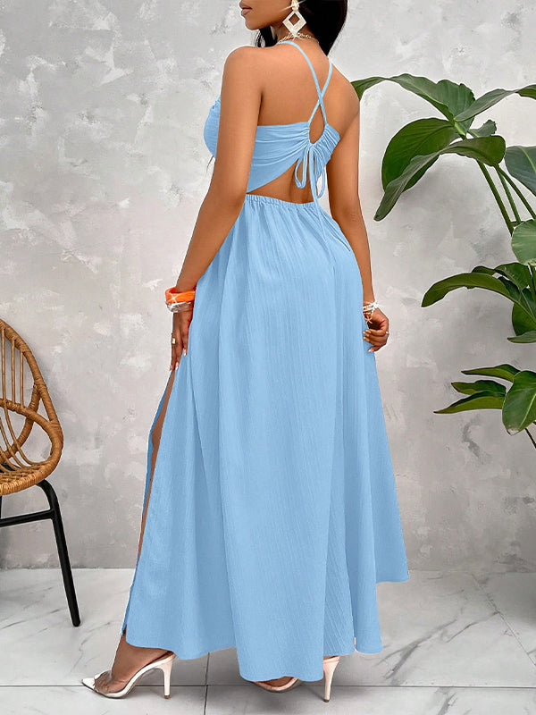 Solid Cutout Slit Halter Dress
