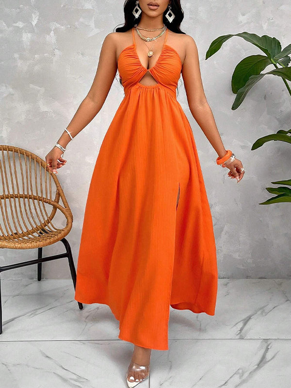 Solid Cutout Slit Halter Dress