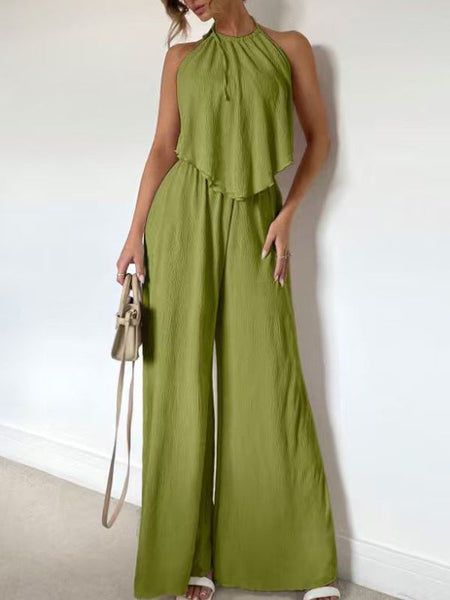 Solid Halter Top & Wide-Leg Pants Set