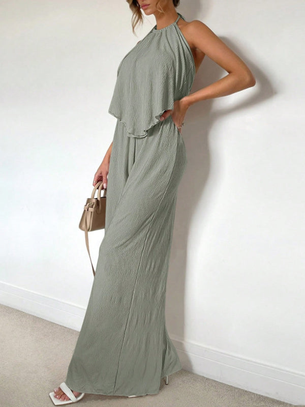 Solid Halter Top & Wide-Leg Pants Set