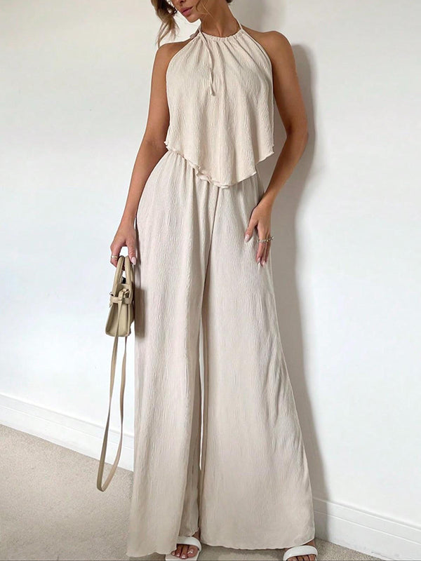 Solid Halter Top & Wide-Leg Pants Set