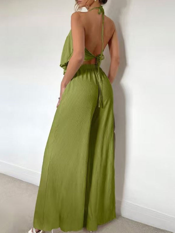 Solid Halter Top & Wide-Leg Pants Set