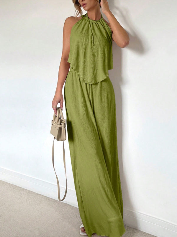 Solid Halter Top & Wide-Leg Pants Set