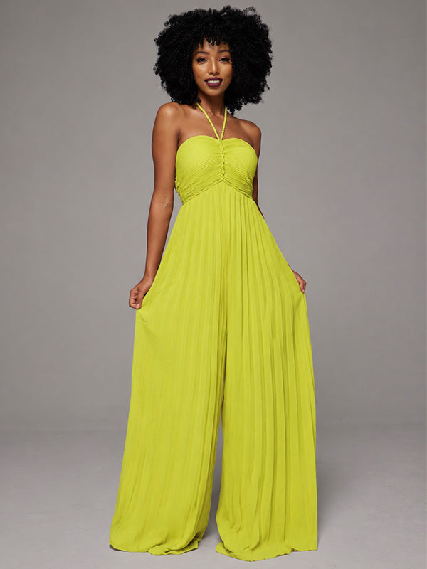 Solid Halter Pleated Wide-Leg Jumpsuit