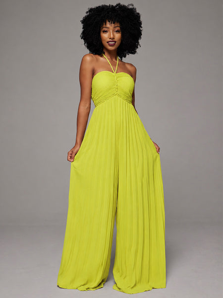 Solid Halter Pleated Wide-Leg Jumpsuit