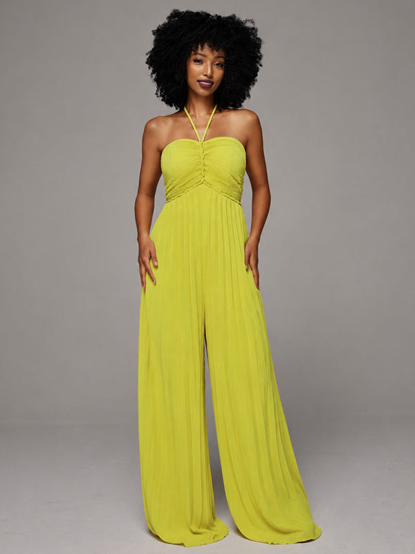 Solid Halter Pleated Wide-Leg Jumpsuit
