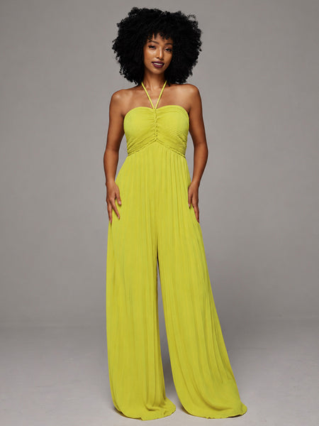 Solid Halter Pleated Wide-Leg Jumpsuit