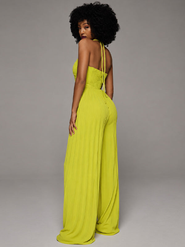 Solid Halter Pleated Wide-Leg Jumpsuit