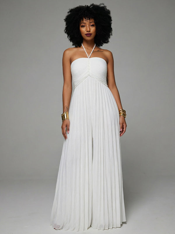 Solid Halter Pleated Wide-Leg Jumpsuit