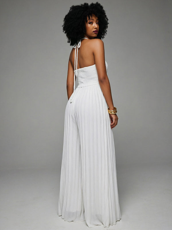Solid Halter Pleated Wide-Leg Jumpsuit