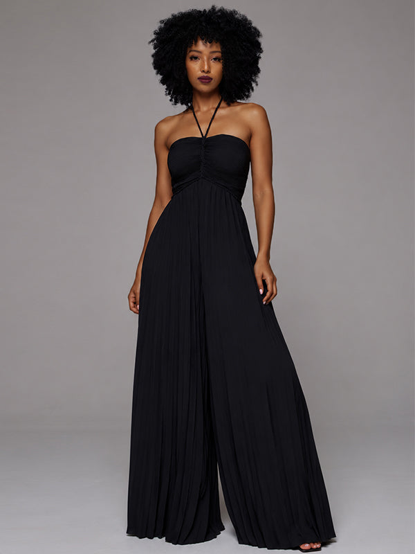 Solid Halter Pleated Wide-Leg Jumpsuit