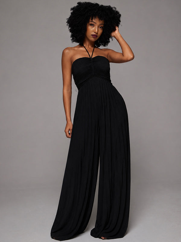 Solid Halter Pleated Wide-Leg Jumpsuit