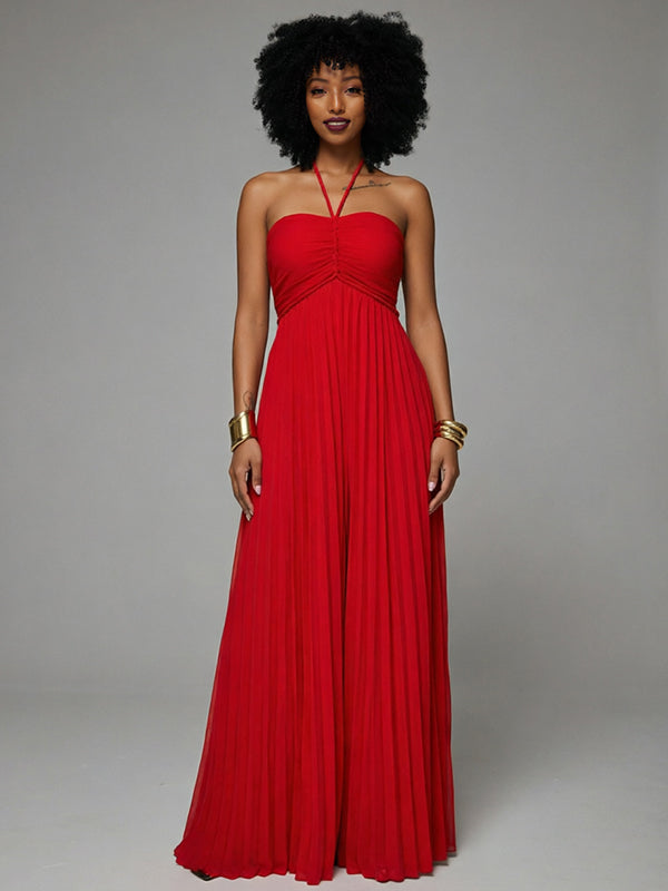 Solid Halter Pleated Wide-Leg Jumpsuit