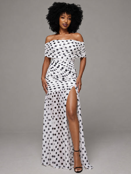 Dot Off-Shoulder Slit Dress