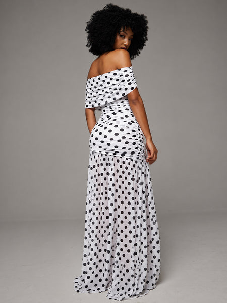 Dot Off-Shoulder Slit Dress