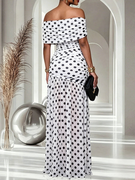Dot Off-Shoulder Slit Dress