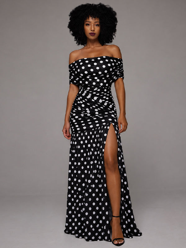 Dot Off-Shoulder Slit Dress