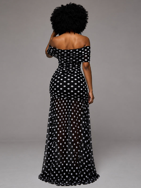 Dot Off-Shoulder Slit Dress