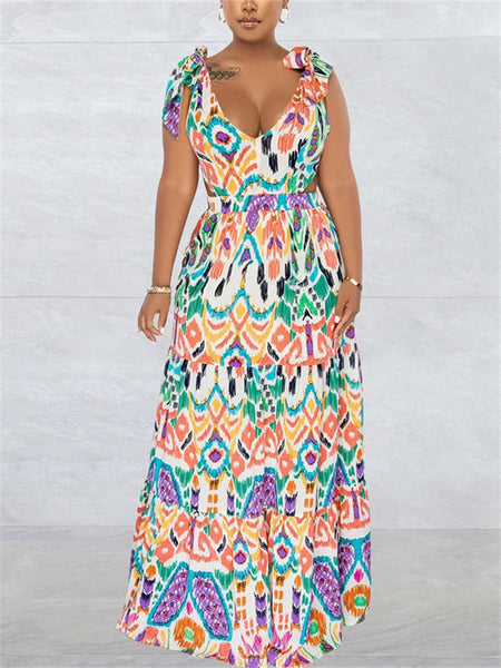 Printed Tie-Shoulder Maxi Dress