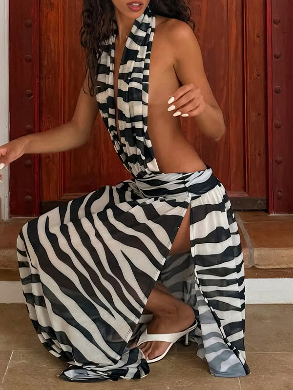 Printed Slit Halter Dress