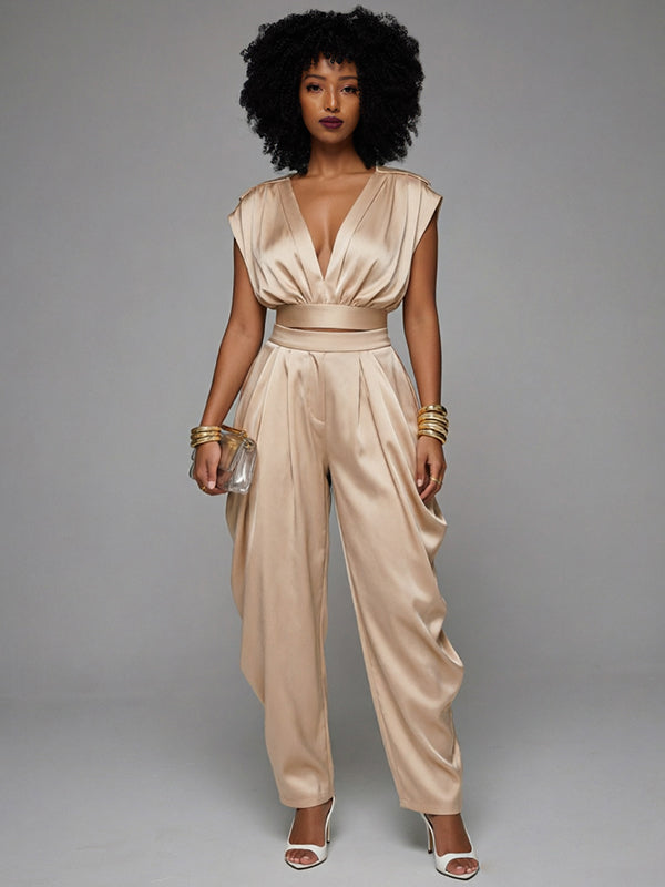 Solid V-Neck Tank Top & Pants Set -- pre-order on 15th July