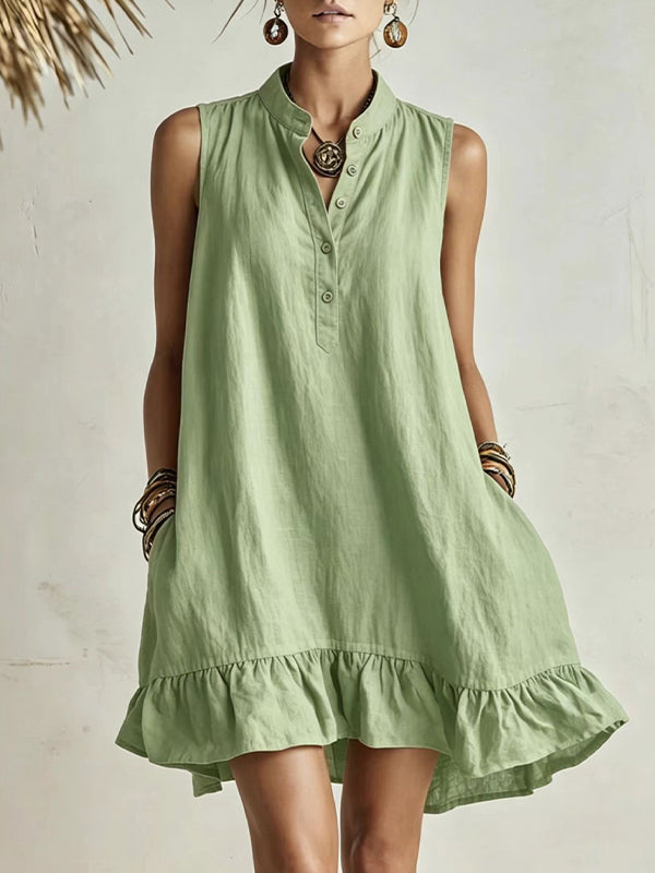 Button-Front Sleeveless Ruffle Dress
