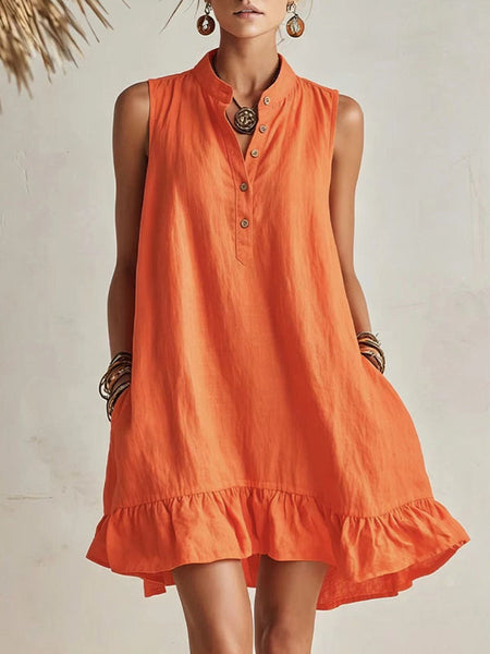 Button-Front Sleeveless Ruffle Dress