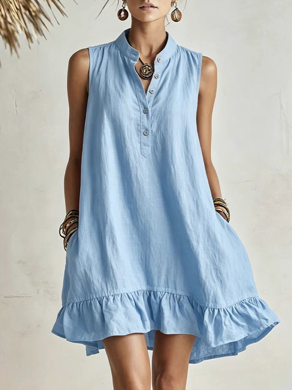Button-Front Sleeveless Ruffle Dress