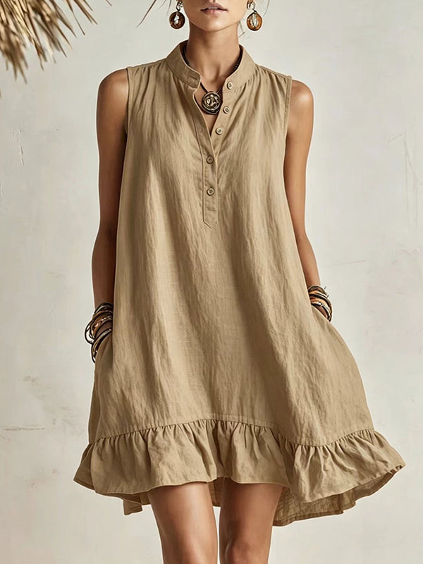 Button-Front Sleeveless Ruffle Dress