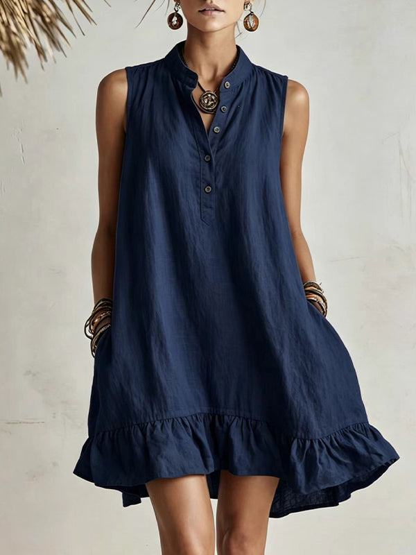 Button-Front Sleeveless Ruffle Dress